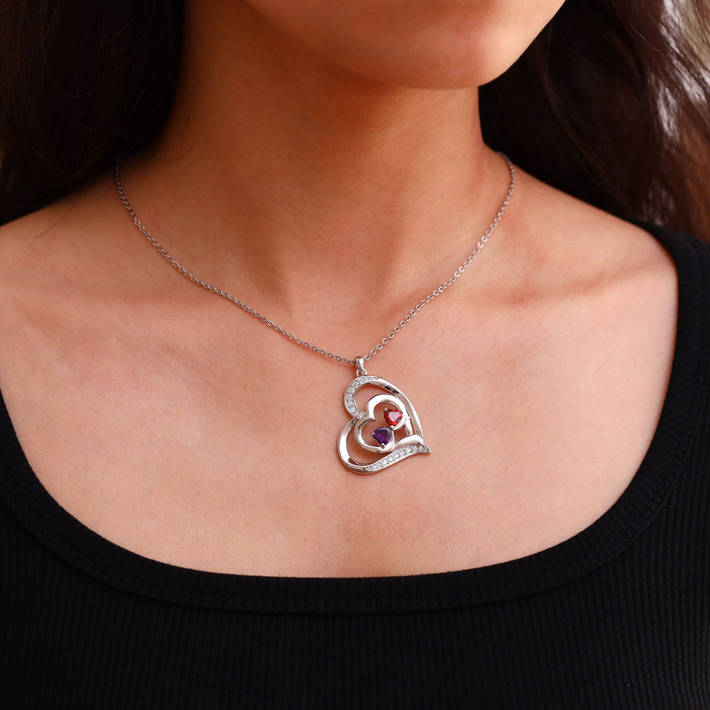 2 Names - Personalized Heart Necklace with Customized Names and Birthstone As Mother's Day Gift for Mom