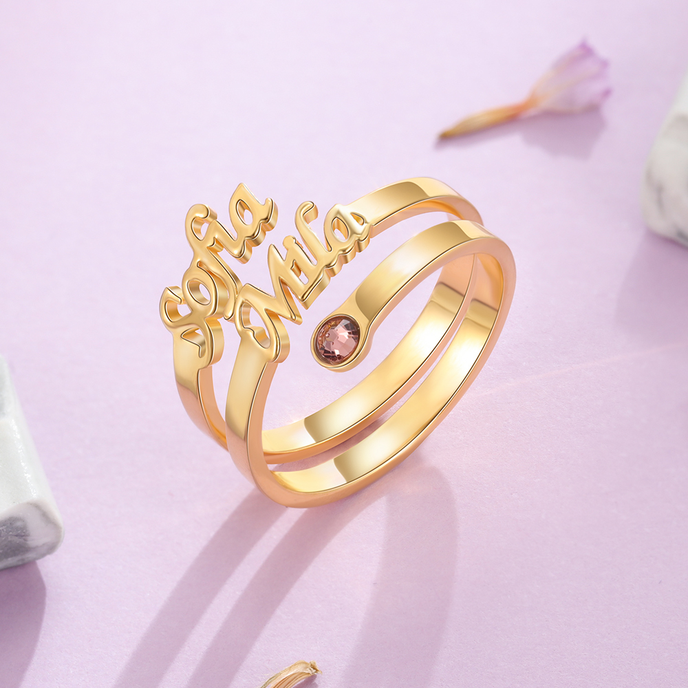 Personalized Birthstone Mother Ring Custom 2 Names Ring Gifts For Her