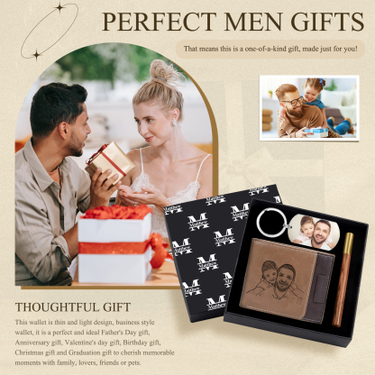 Photo Personalized Leather Wallet Gift Box Set with Keychain Customizable 2 Text, 1 Name and 1 Letter Wallet Gift for Him