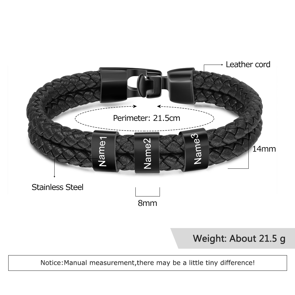 3 Names Personalized Braided Leather Bracelet Engraving Men's Bracelet Gift for Dad