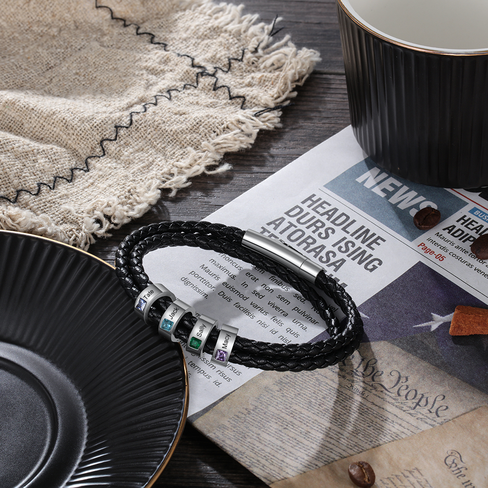 Personalized 3 Layer Leather Bracelet with 3 Beads Engraved Names Men's Bracelets for Him