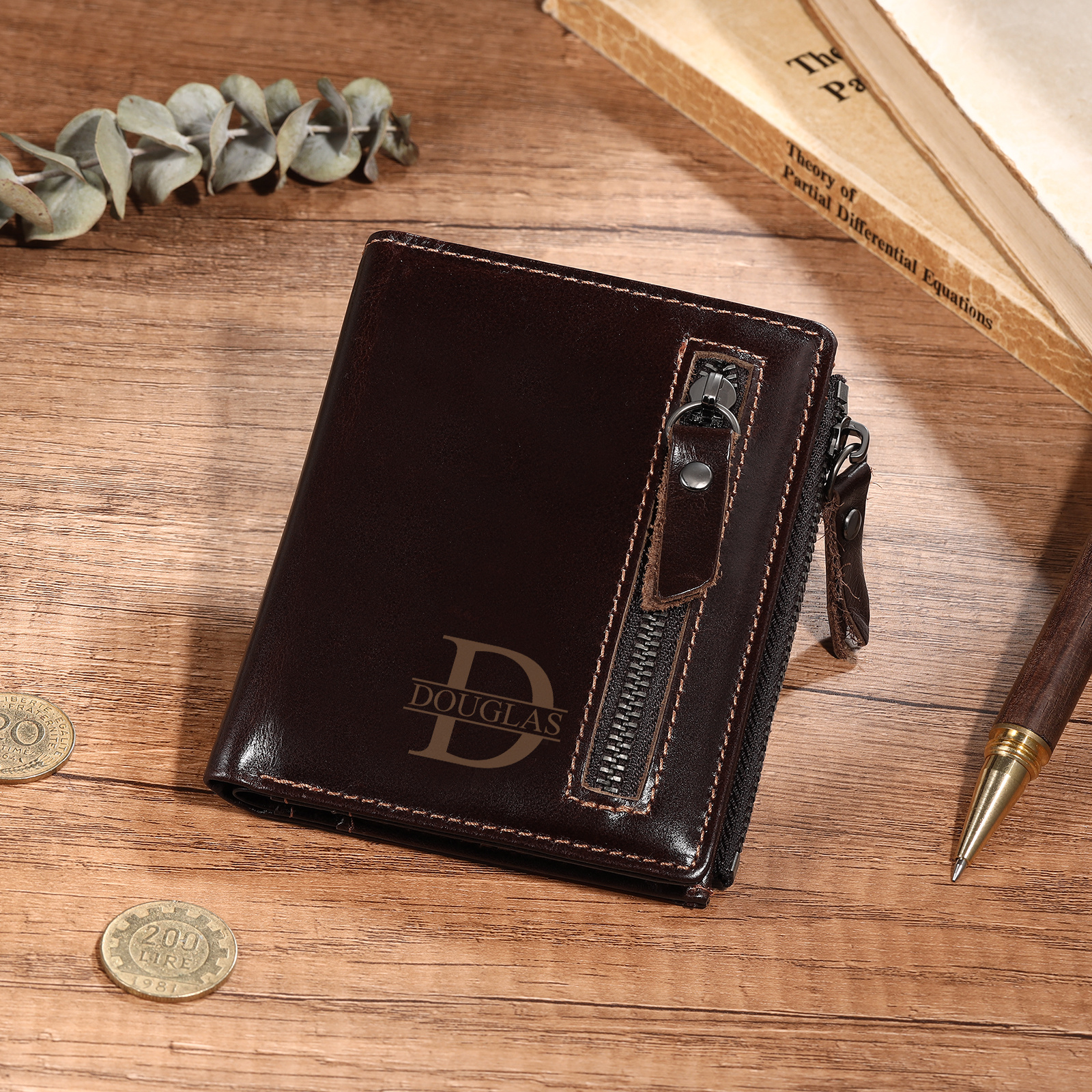 Personalized Leather RFID Bifold Wallet with Zipper for Men