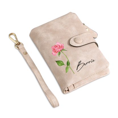 Pink Color Personalized Birthday Flower Leather Wallet Engraving Name Wallet Gifts for Women