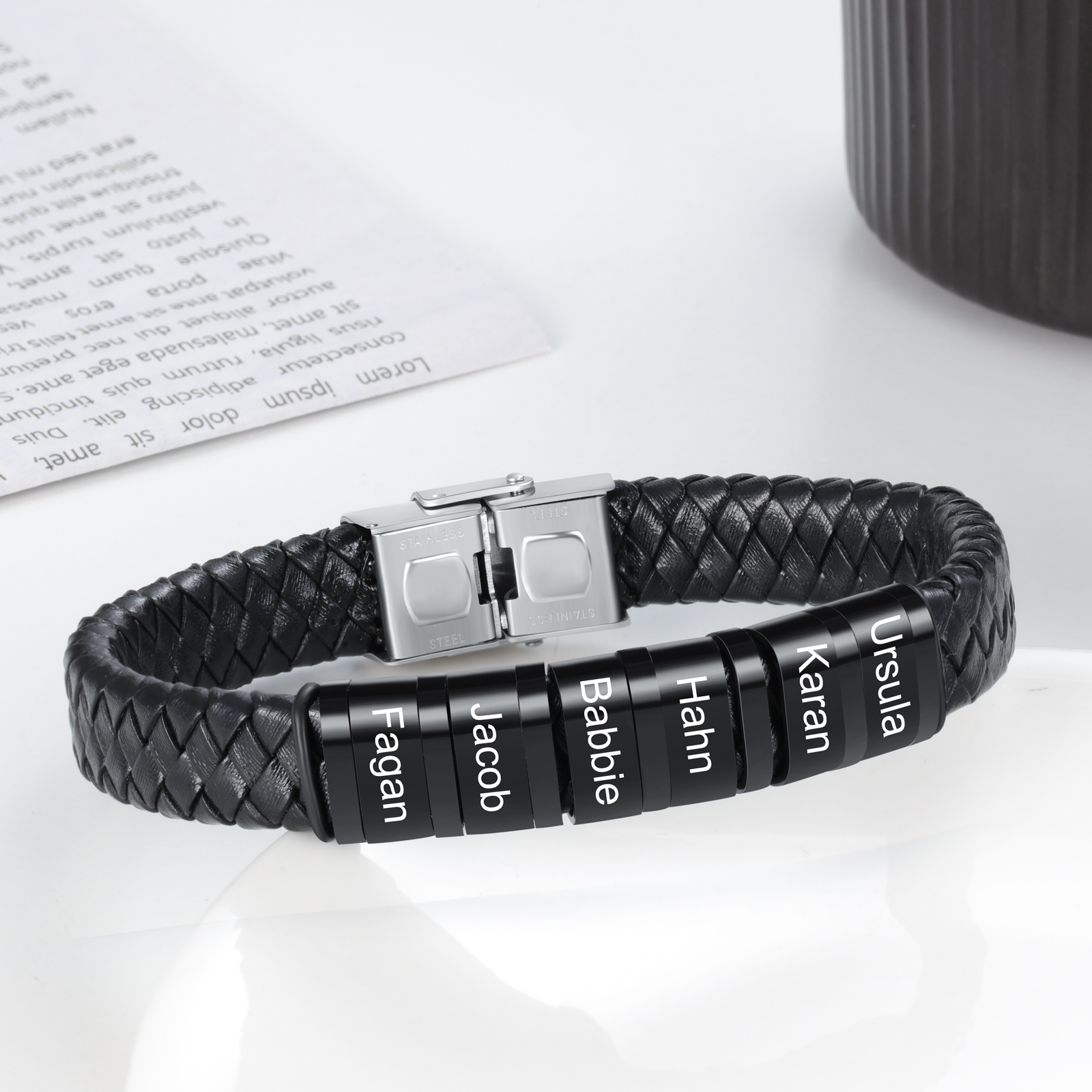 6 Names-Personalized Braided Leather Bracelet Set With Gift Box-Custom Men's Bracelet Engraved 6 Names Gift for Him