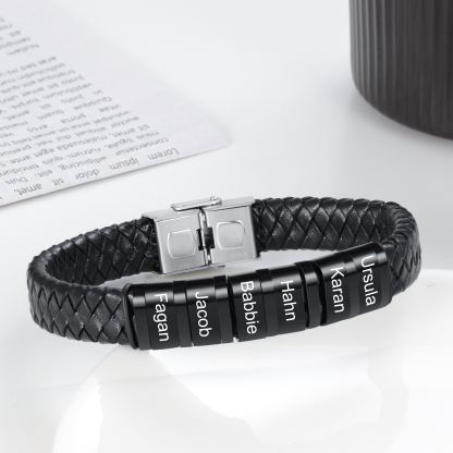 6 Names-Personalized Braided Leather Bracelet Set With Gift Box-Custom Men's Bracelet Engraved 6 Names Gift for Him