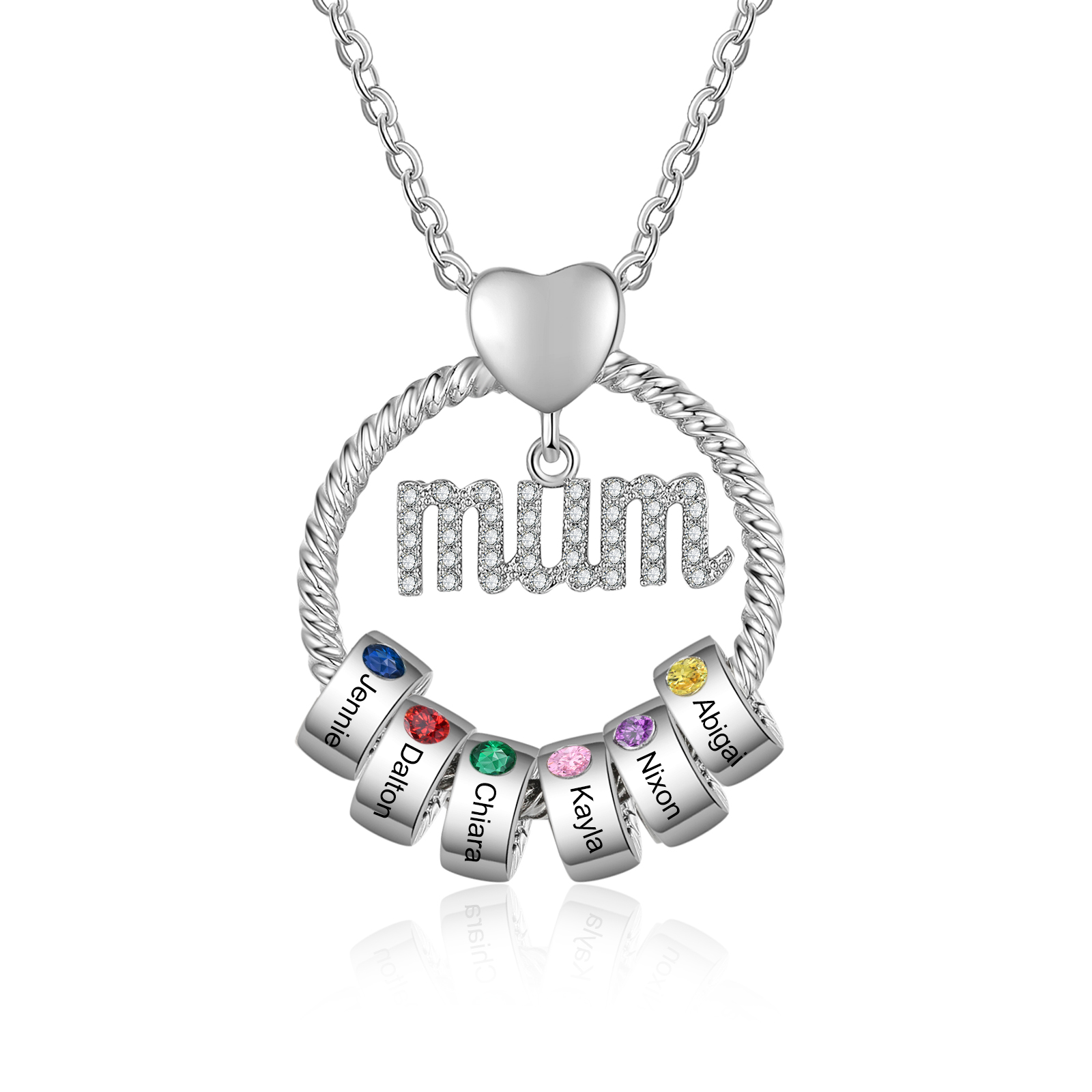 Personalized Circle Necklace With 6 Birthstones Pendant Engraved Names Gift For Mum