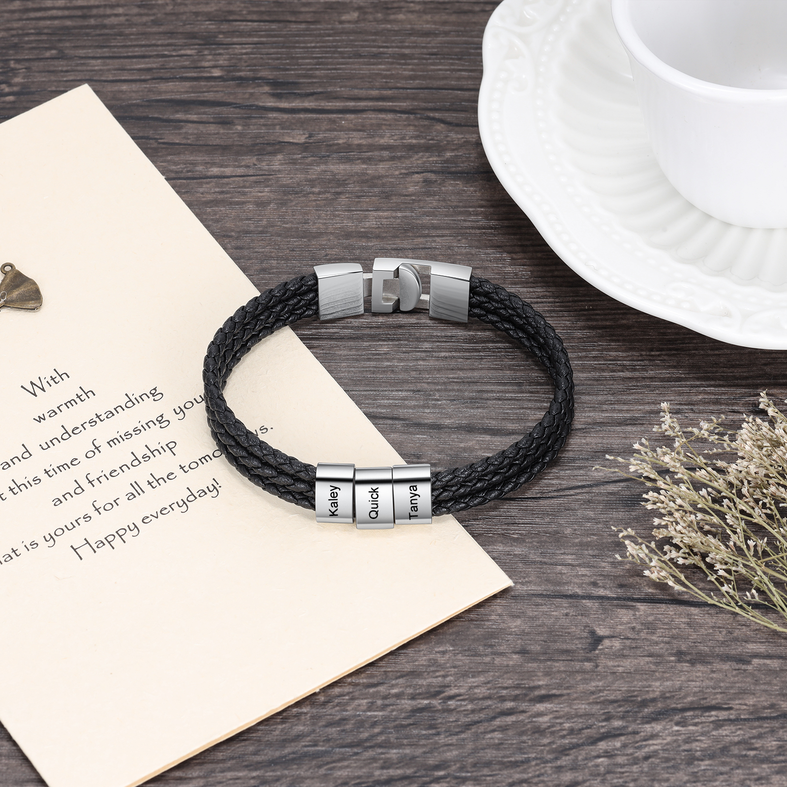 Personalized Braided Leather Bracelet Engraved 3 Names Men's Bracelet Gifts For Him