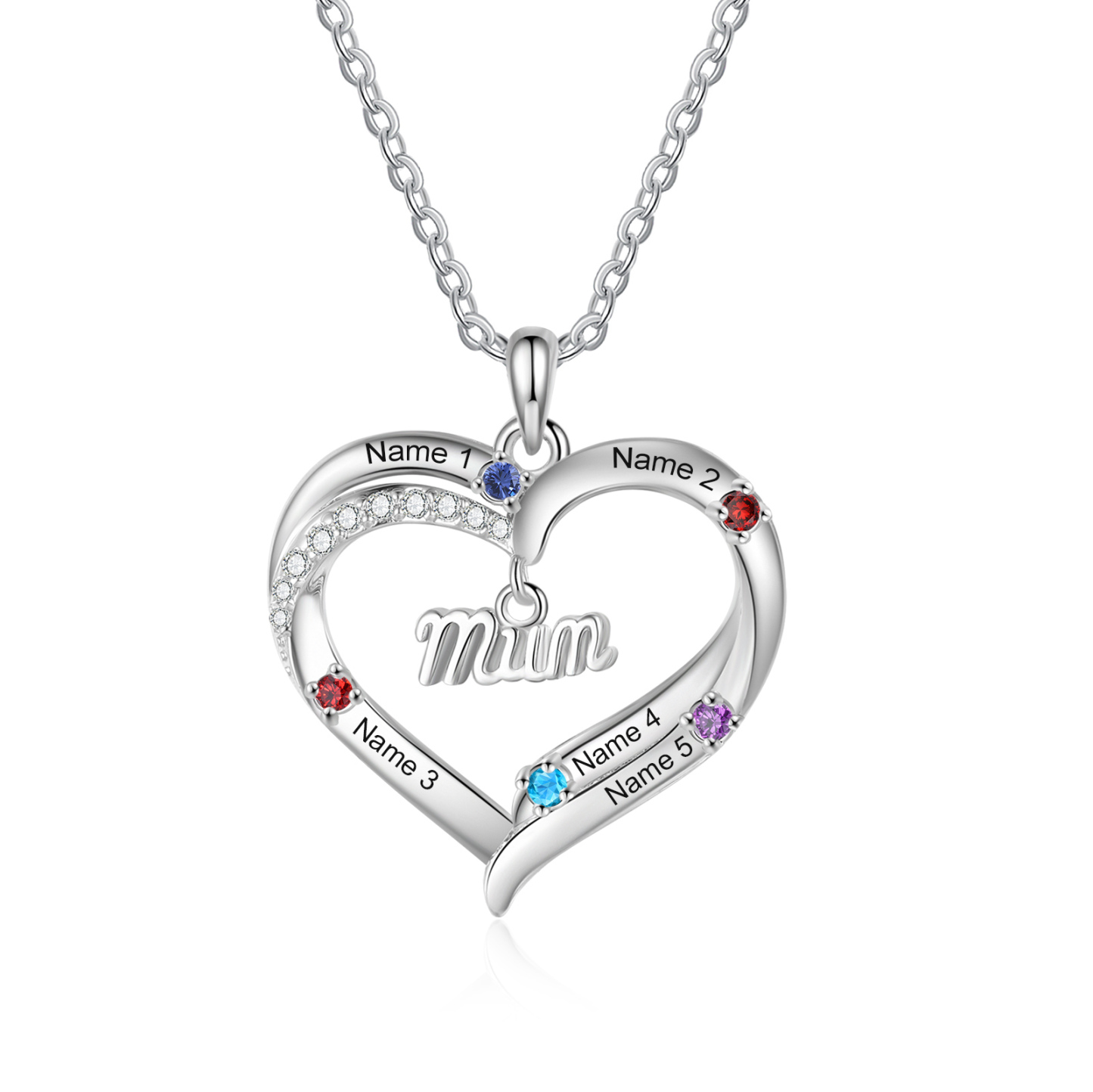 Personalized Mom Heart Necklace with 2–5 Kids Names and Birthstones