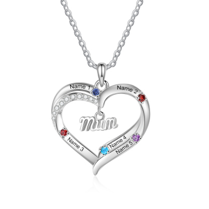 Personalized Mom Heart Necklace with 2–5 Kids Names and Birthstones