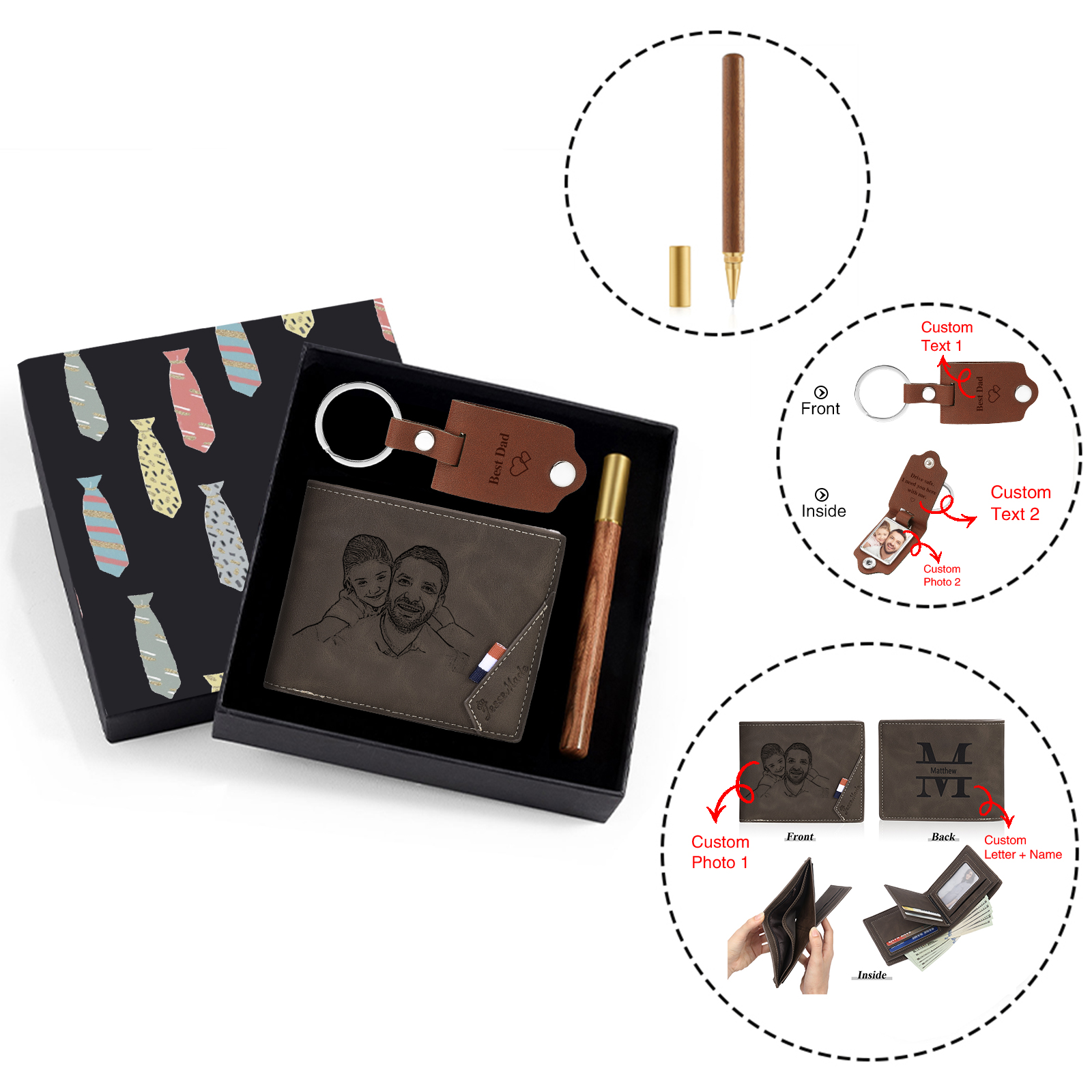 Personalized Leather Wallet Gift Box Set with Keychain Customizable Photo,Text ,Name and Letter Wallet Gift for Him