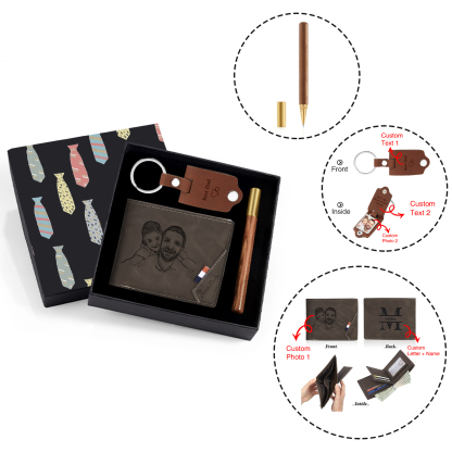 Personalized Leather Wallet Gift Box Set with Keychain Customizable Photo,Text ,Name and Letter Wallet Gift for Him