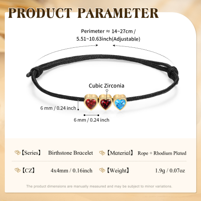 Personalized String Rope Bracelet Adjustable Custom with 2–5 Heart-shaped Birthstones Gift for Mom
