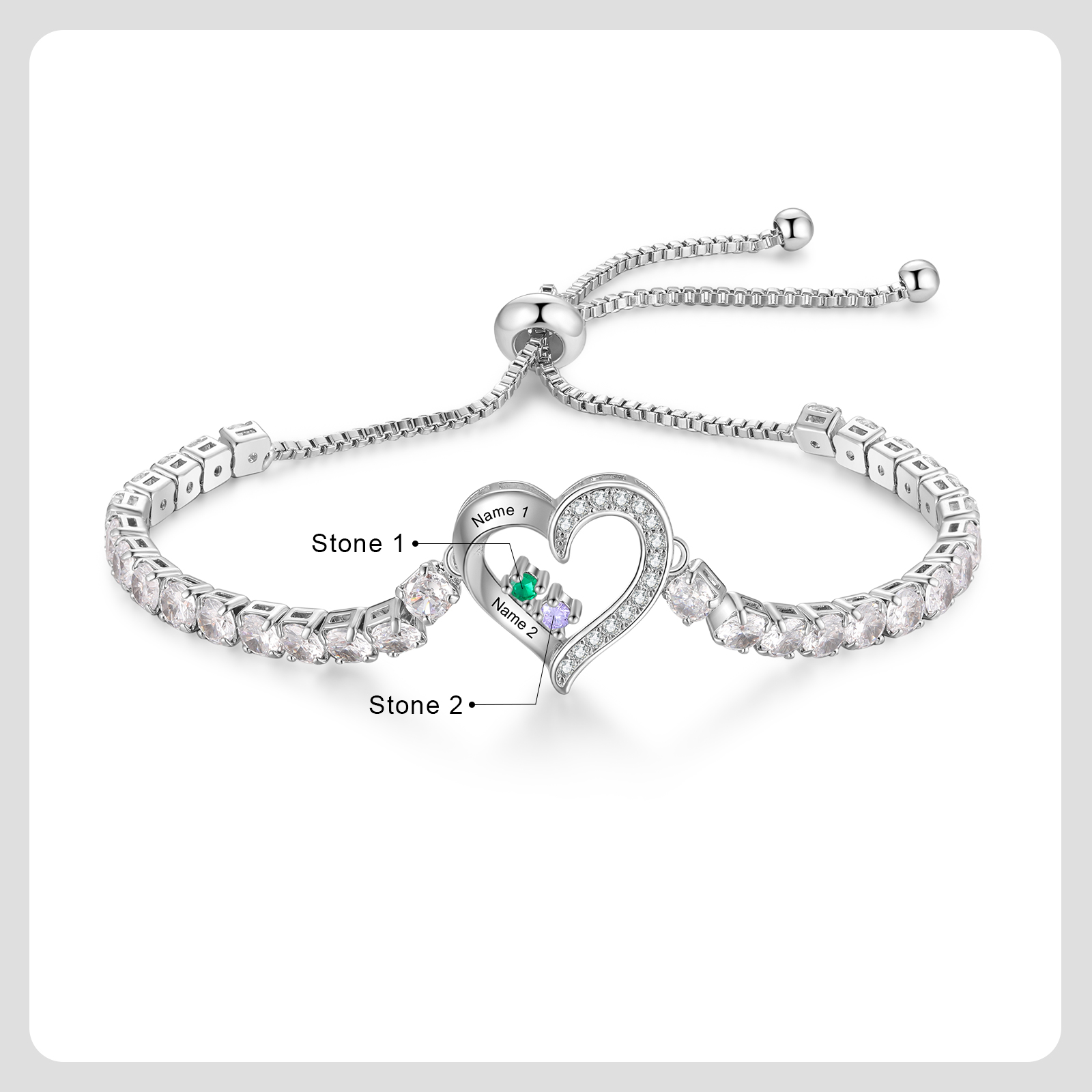 Personalized Heart Bracelet with 2-4 Names & CZ Birthstones – Custom Rhodium Plated Gift for Her | Jessemade