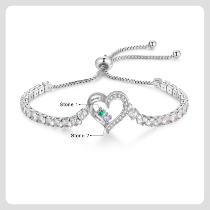 Personalized Heart Bracelet with 2-4 Names & CZ Birthstones – Custom Rhodium Plated Gift for Her | Jessemade