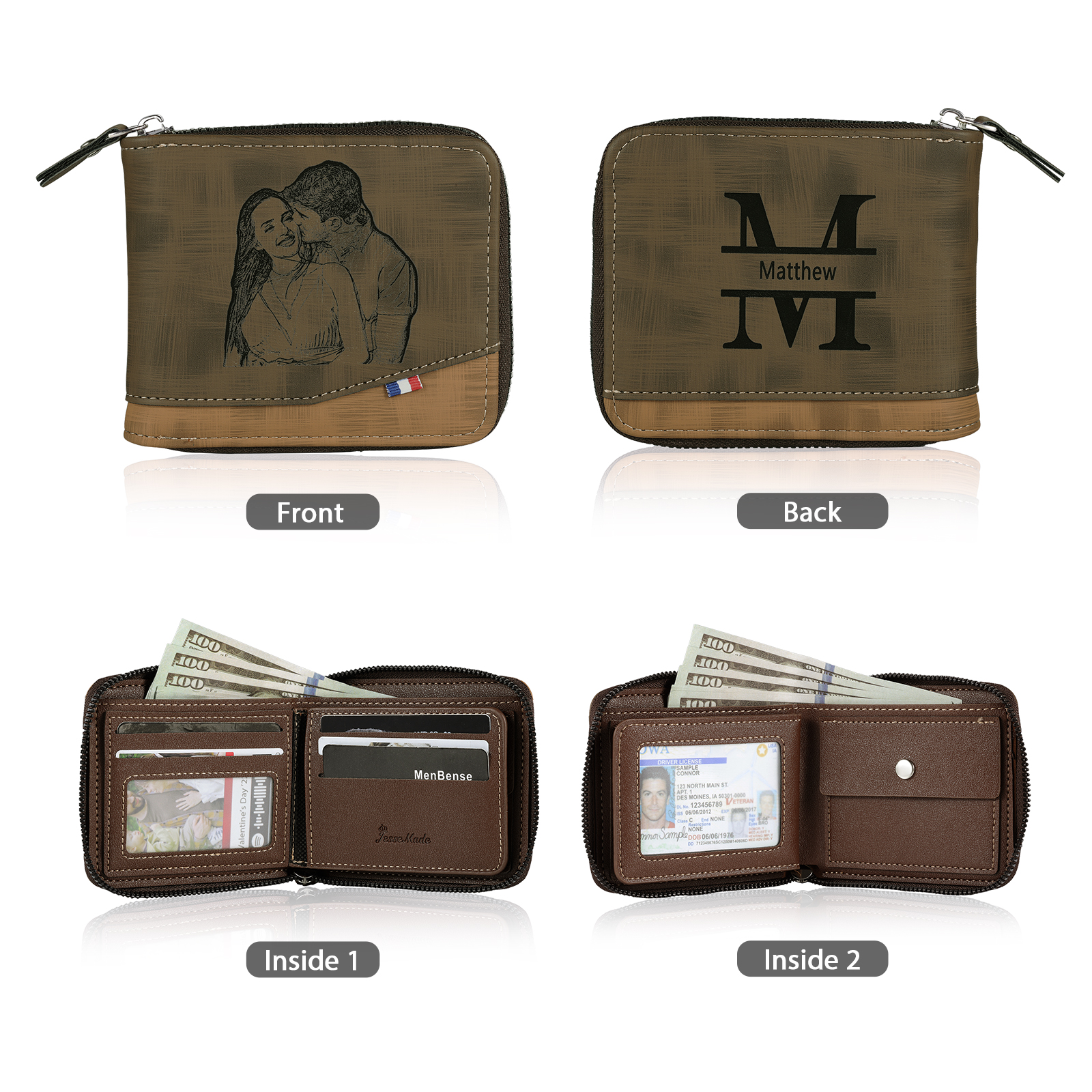 Personalized Name Leather Men's Zipper Wallet With Card Slot Engraved Letter And Photo Gift For Him