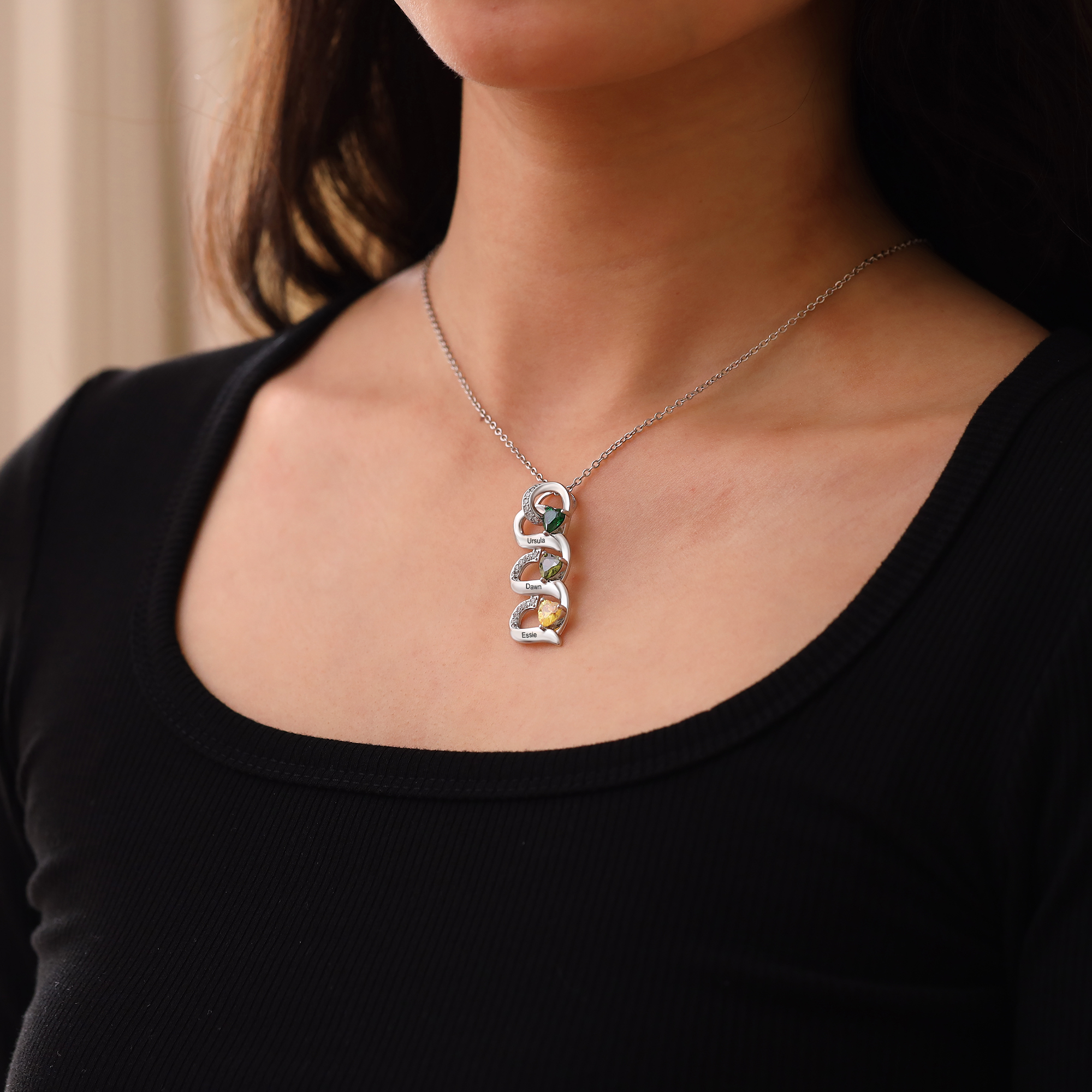 3 Names-Personalized Hearts Necklace Custom Birthstone Necklace Engraved Names Special Gifts for Her