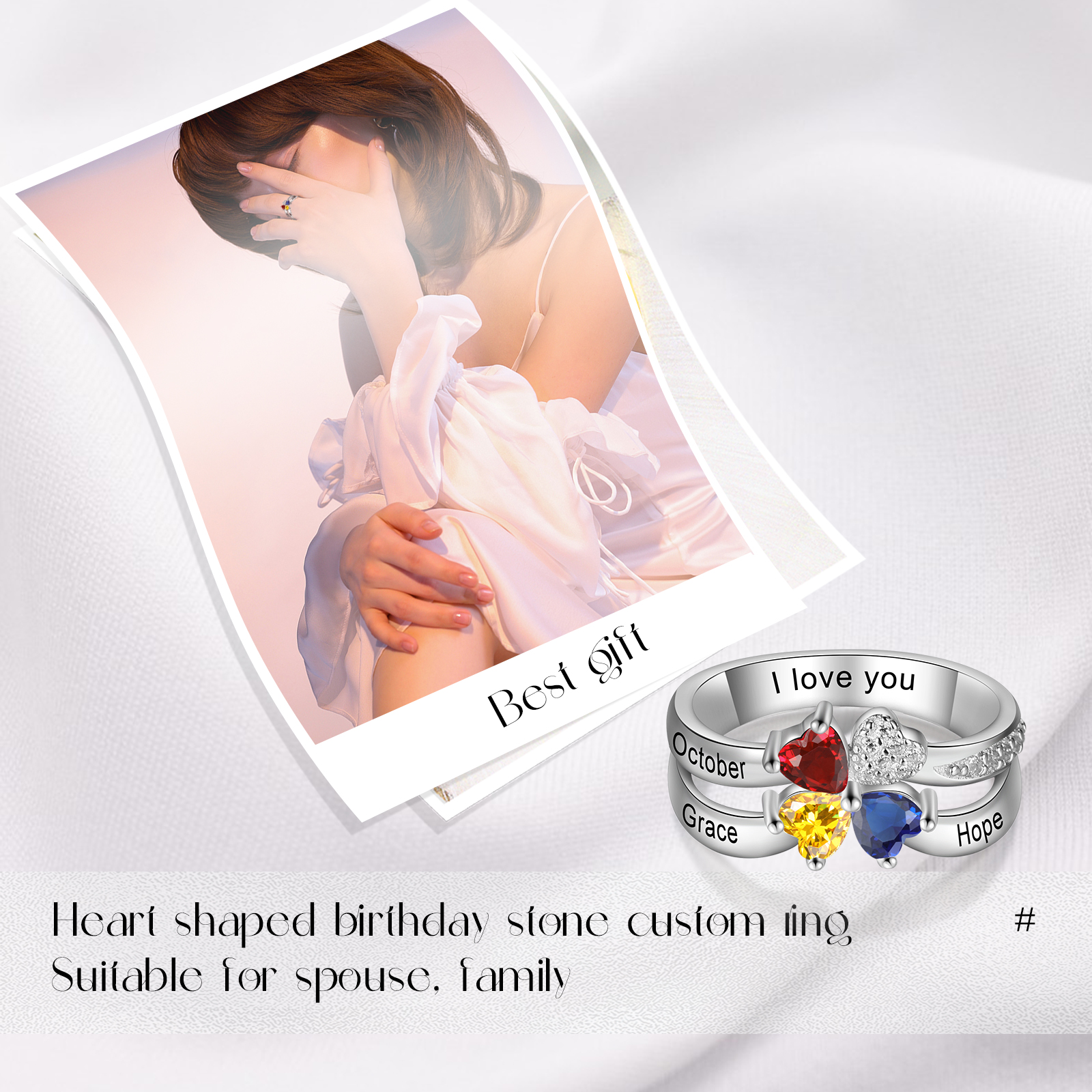 Personalized Ring With 3 Birthstones Engraved Names Ring Best Gift For Women