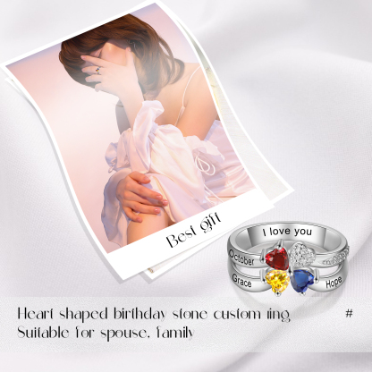 Personalized Ring With 3 Birthstones Engraved Names Ring Best Gift For Women
