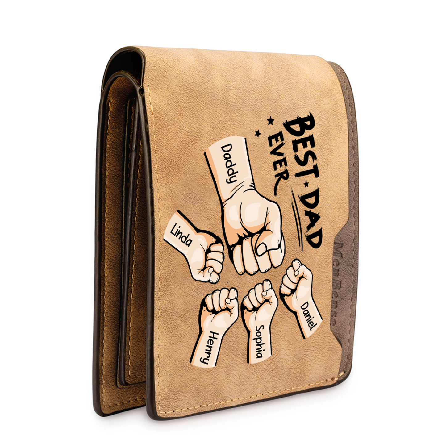 5 Names - Personalized Fist Bump Pattern Custom Text Leather Men's Wallet as a Father's Day Gift for Dad