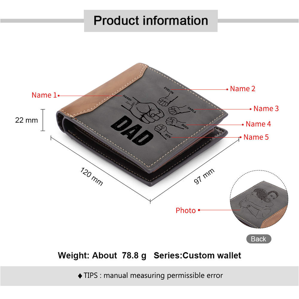 5 Names - Personalized Fist Bump Photo Custom Leather Men's  Wallet wITHas a Father's Day Gift for Dad