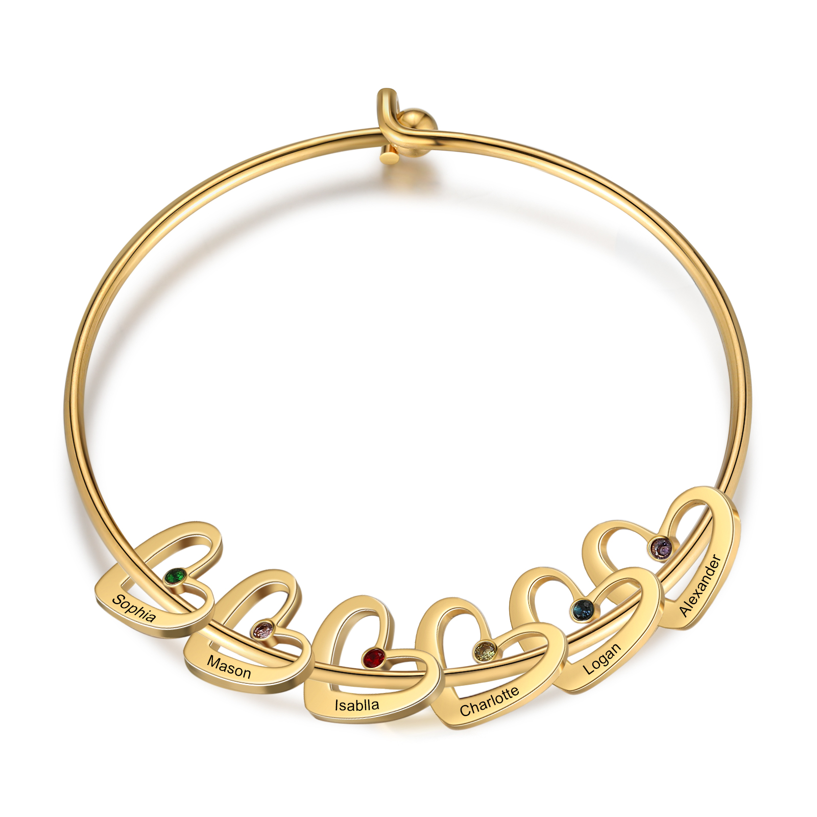 Personalized Heart Bangle With 6 Names and Birthstones Bangle Bracelet Mother's Day Gifts For women