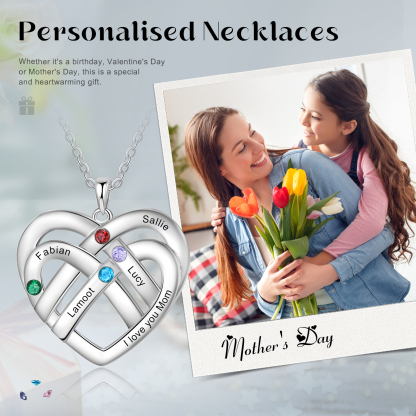 4 Names - Personalized Double Layer Heart Necklace with Custom Name and Birthstone, As a Mother's Day Gift for Mom