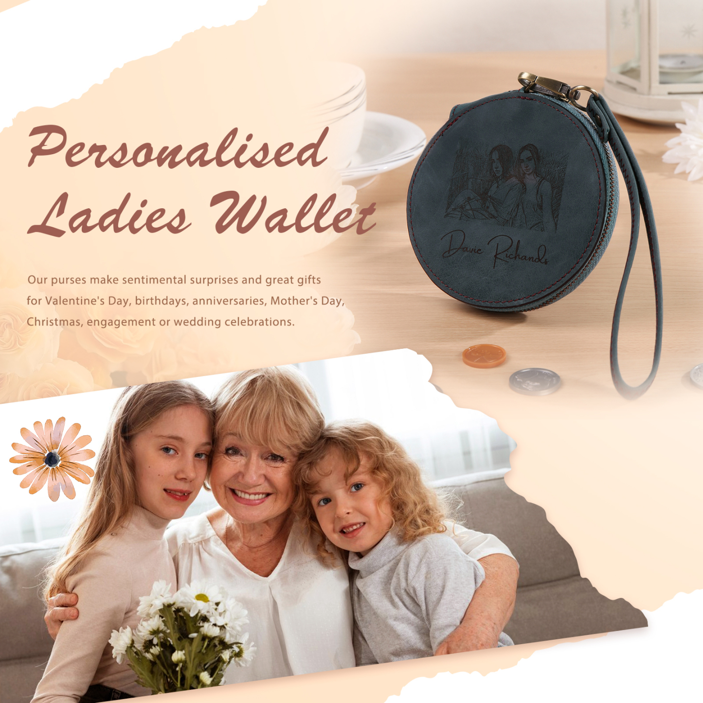 Personalized Photo Quality Leather Round Zipper Wallet Custom Text Wallet Gift for Her