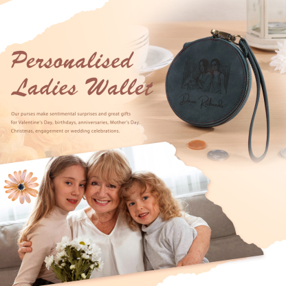 Personalized Photo Quality Leather Round Zipper Wallet Custom Text Wallet Gift for Her