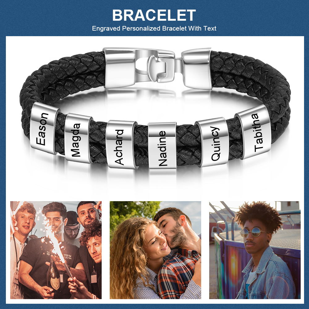 6 Names-Personalized Grandpa Braided Leather Bracelet Card Set, Custom Bracelet Engraved 6 Names Bracelet for Grandpa