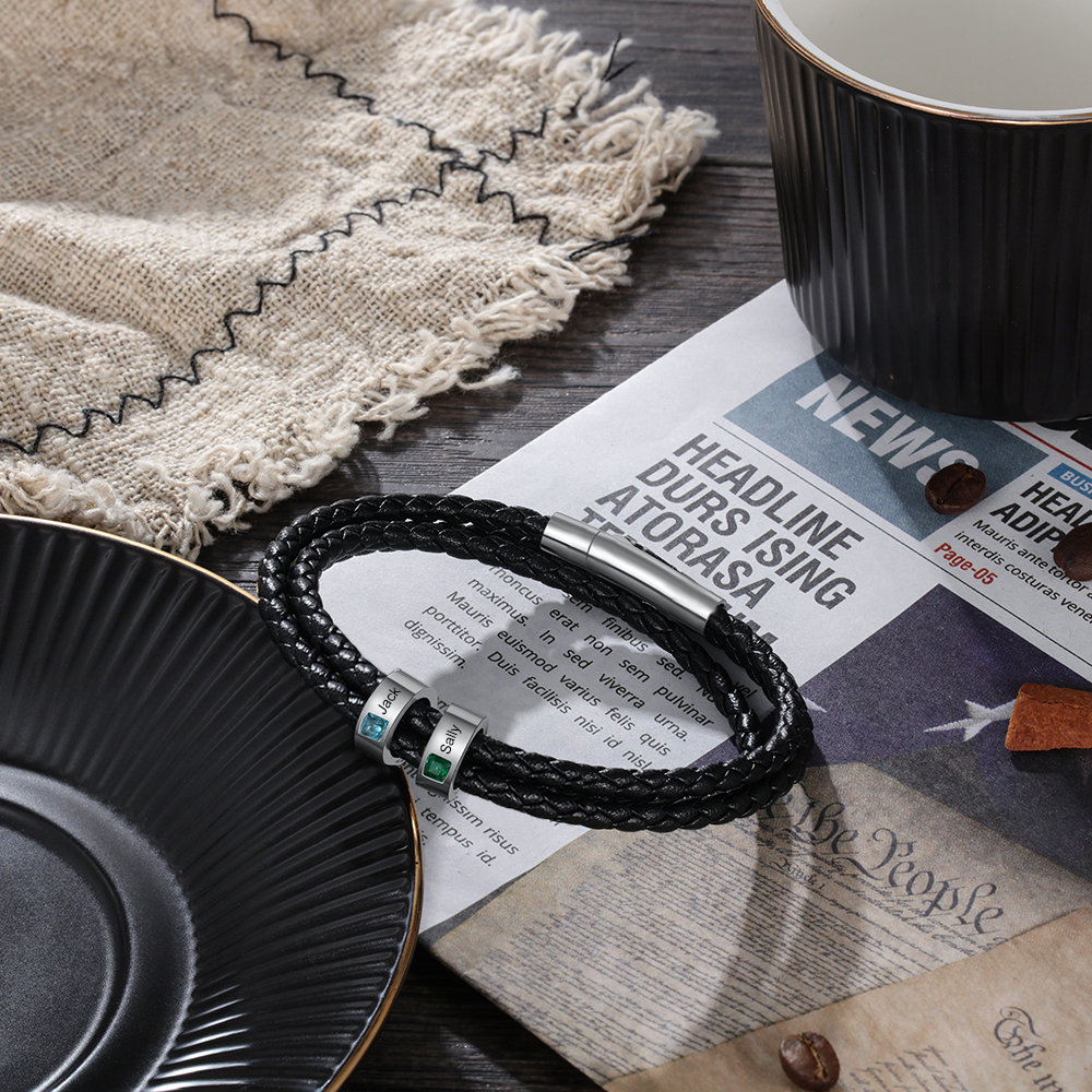 Personalized 3 Layer Leather Bracelet with 2 Beads Engraved Names Men's Bracelets for Him