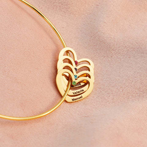 2 Names-Personalized Heart Bangle With 2 Names and Birthstones Bangle Bracelet Gifts For women