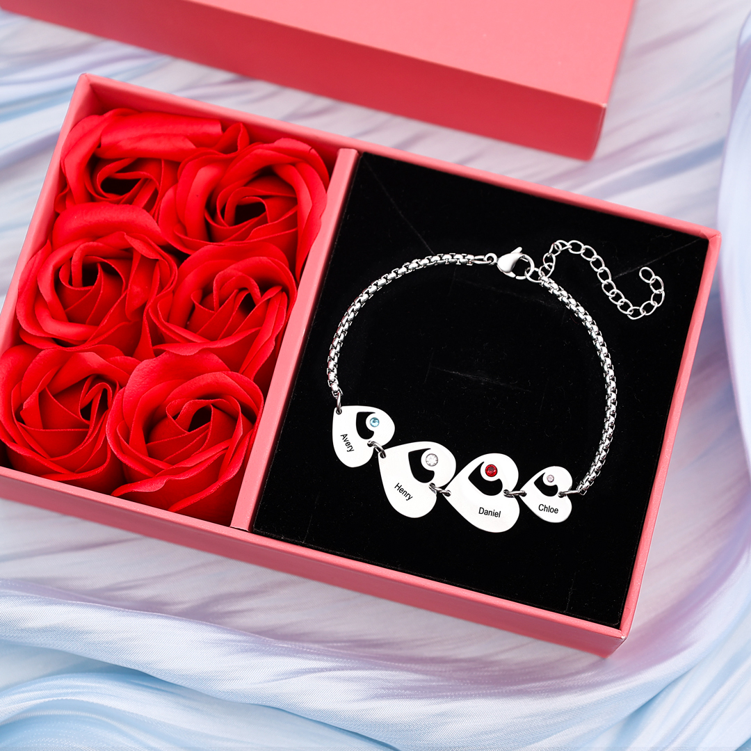 1-5 Name-Personalized Heart Bracelet With Birthstones Set With Gift Box Custom Name Family Bracelet Gifts for Her