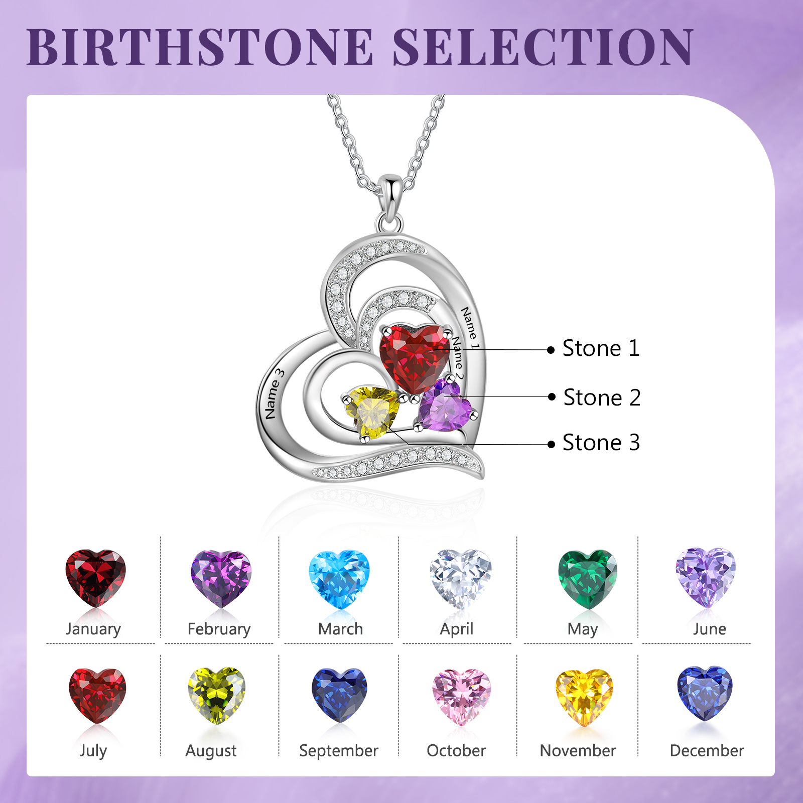 3 Names - Personalized Heart Necklace with Customized Names and Birthstone As Mother's Day Gift for Mom