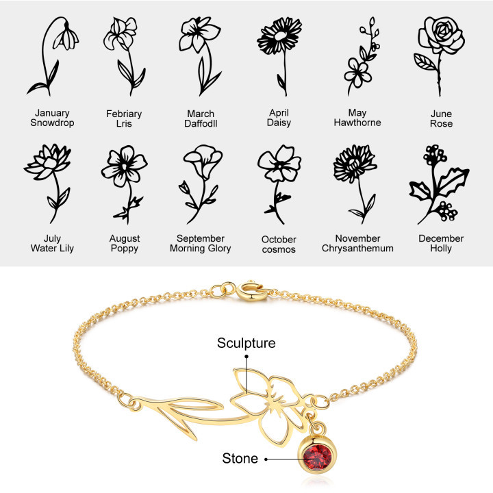 Personalized Birthflower Bracelet With 1 Birthstone Gift For Women | Jessemade