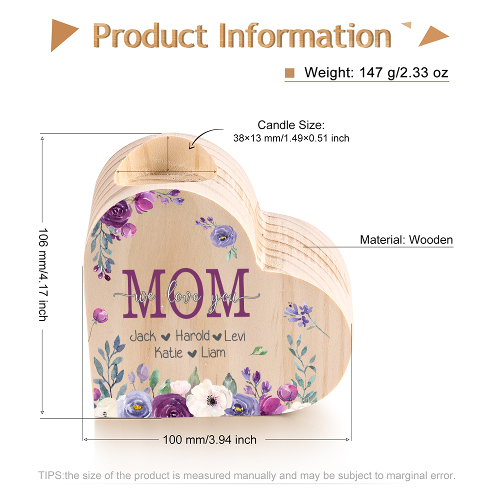 To My Mom Personalized Flower Heart Candle Holder We Love You Wooden Candlestick