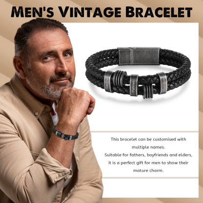 3 Names - Personalized PU Leather Men's Bracelet, Customized Name Bracelet with Gift Box Vintage Gift for Him