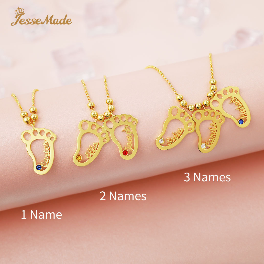 Personalized Baby Foot Engraved 5 Names Birthstones Necklace Gift For Mother