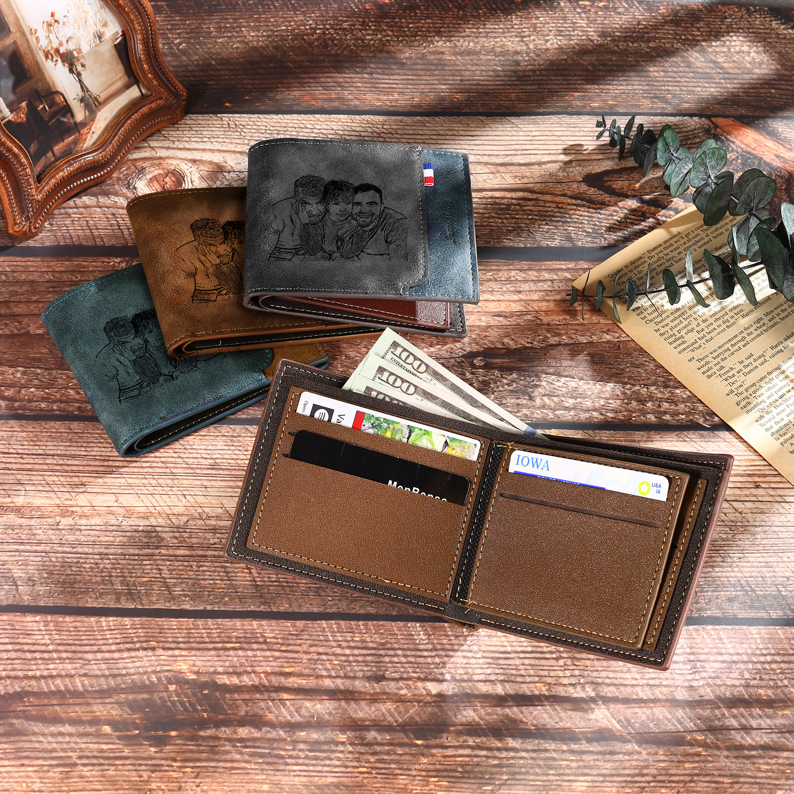 5 Names - Personalized Photo Custom Leather Men's Wallet as a Father's Day Gift for Dad