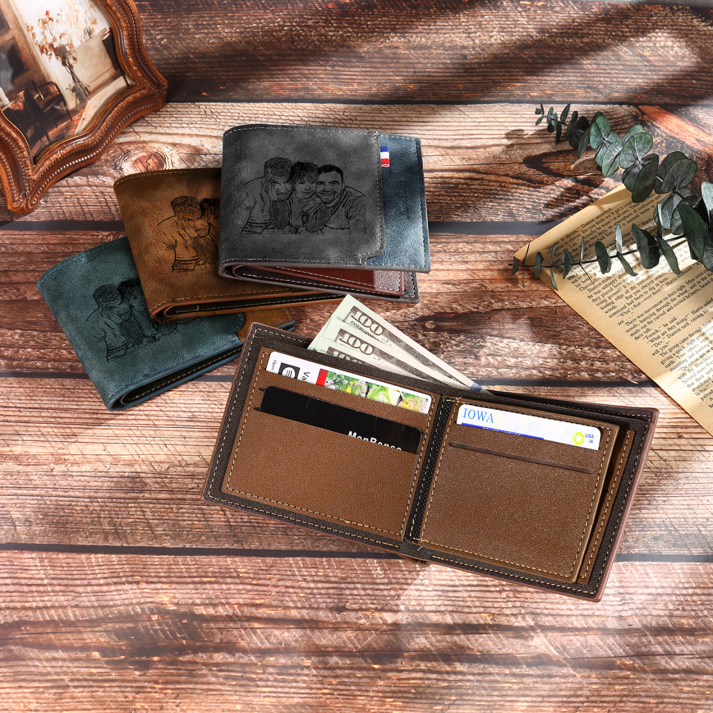 5 Names - Personalized Photo Custom Leather Men's Wallet as a Father's Day Gift for Dad
