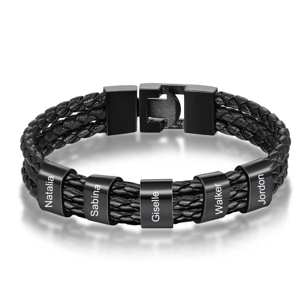 Black Braided Leather Custom 5 Beads Men's Bracelets For Him Best Gift For Him