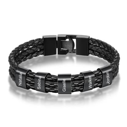 Black Braided Leather Custom 5 Beads Men's Bracelets For Him Best Gift For Him