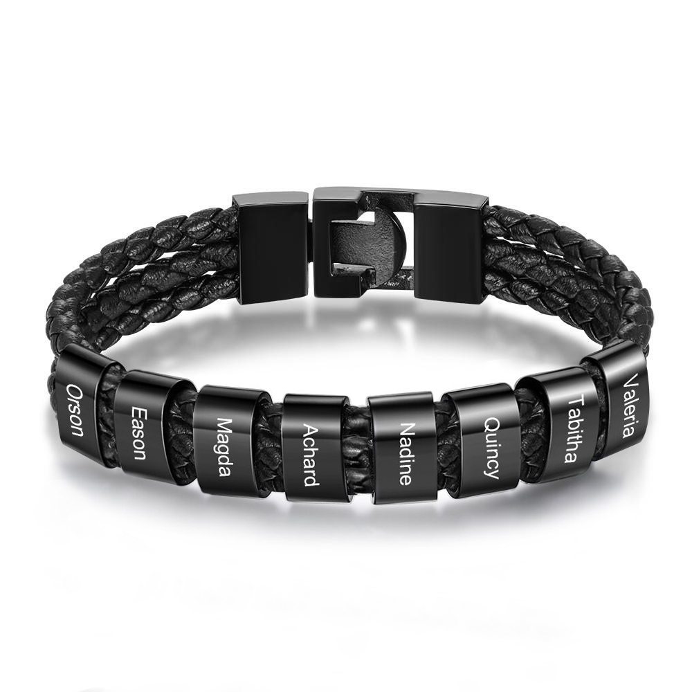 Personalized Braided Leather Bracelet Engraved 8 Names Men's Bracelet Gifts For Him