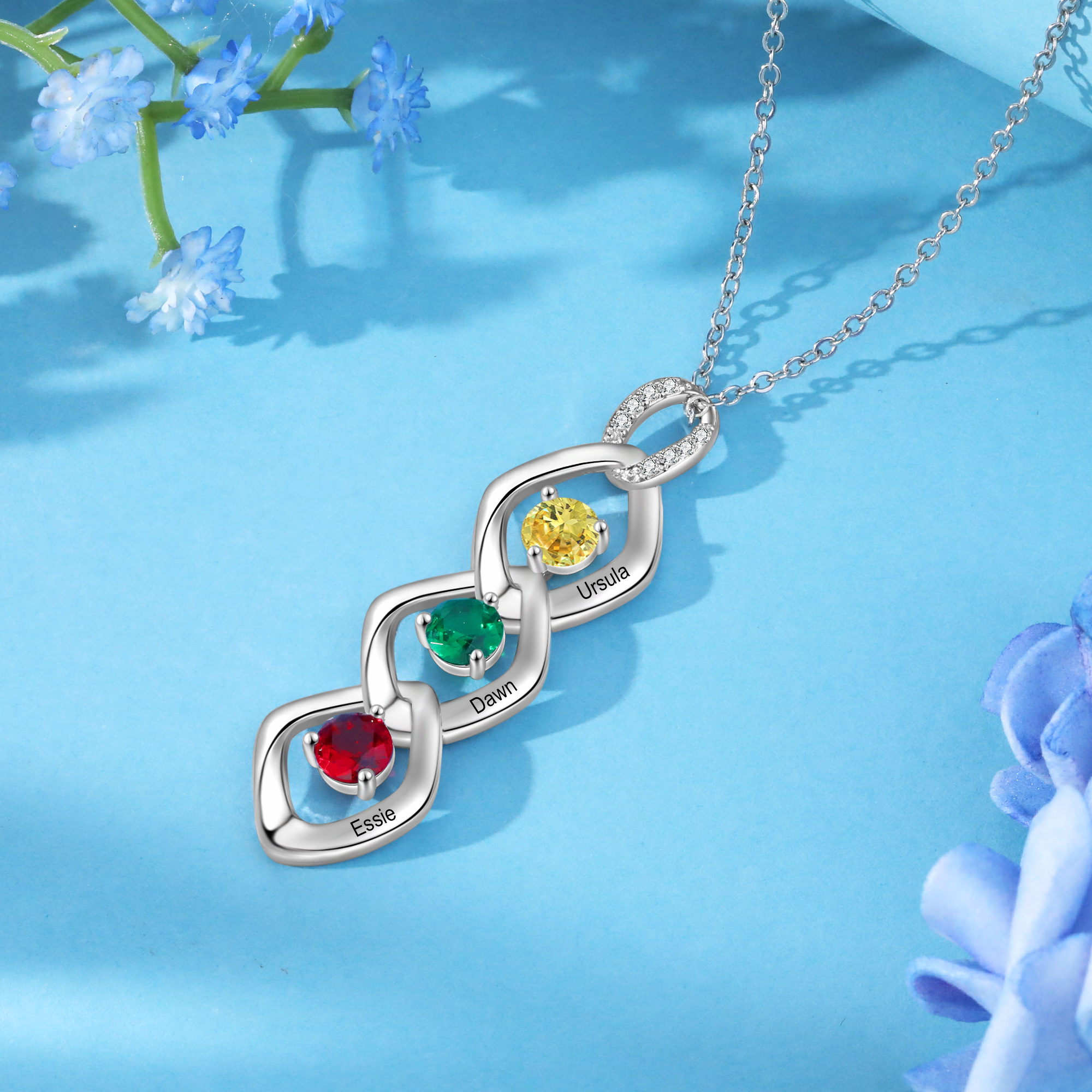 3 Names - Personalized Birthstone Necklace With Name Engraved For A Special Gift For Mom/Grandma