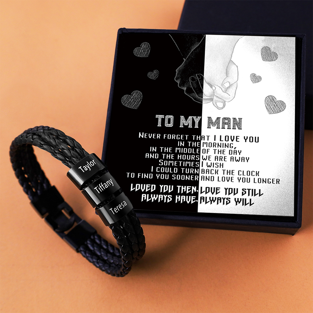 Personalized Braided Leather Bracelet Engraved 3 Names Men's Bracelet Gifts For Him