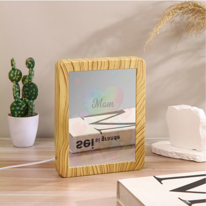 1 Name - Personalized Mom Home Wood Color Plug-in Mirror Photo Frame Custom Text LED Night Light Gift for Mom