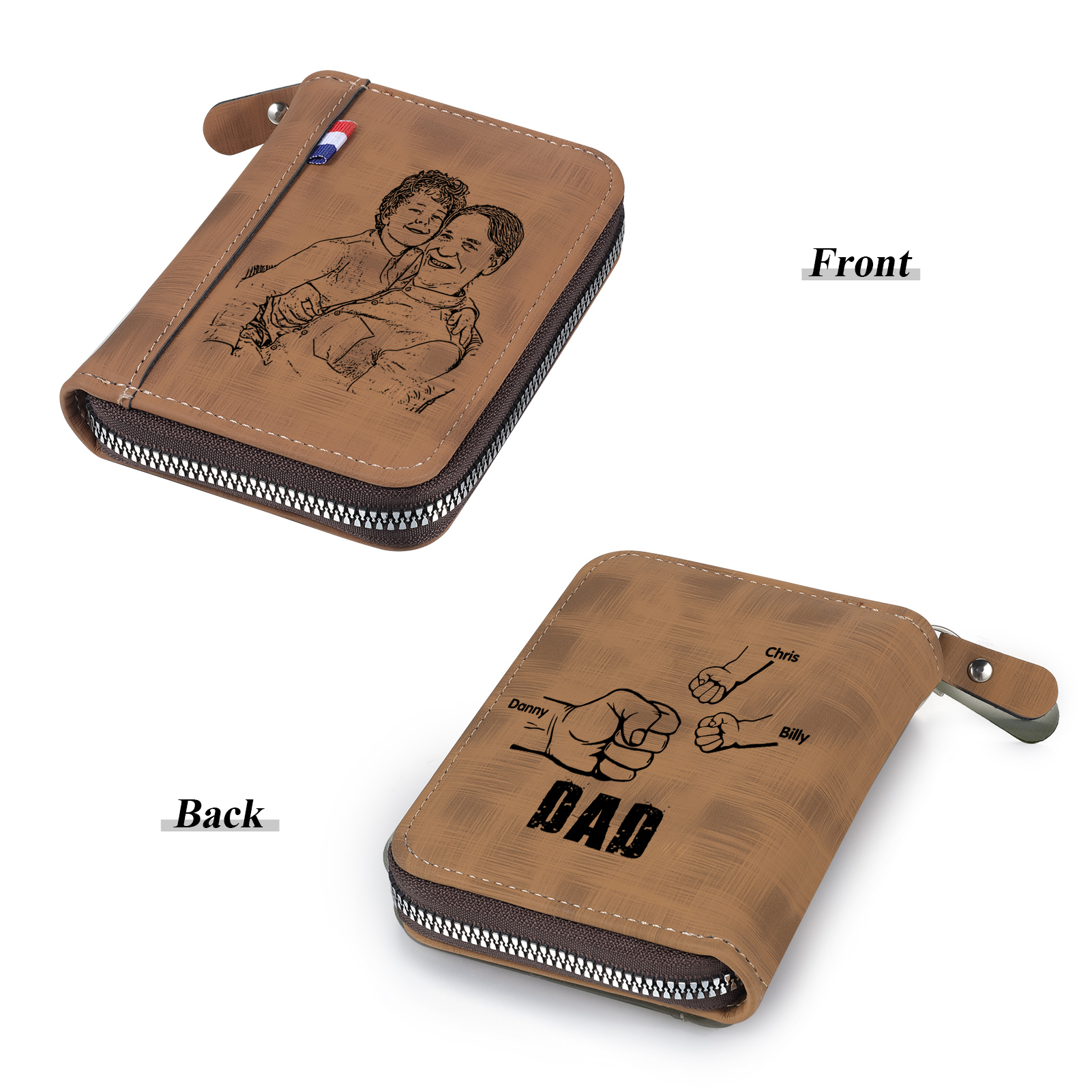 3 Names - Personalized Photo Text Custom Leather Men's Wallet Custom Name Zipper Wallet for Dad