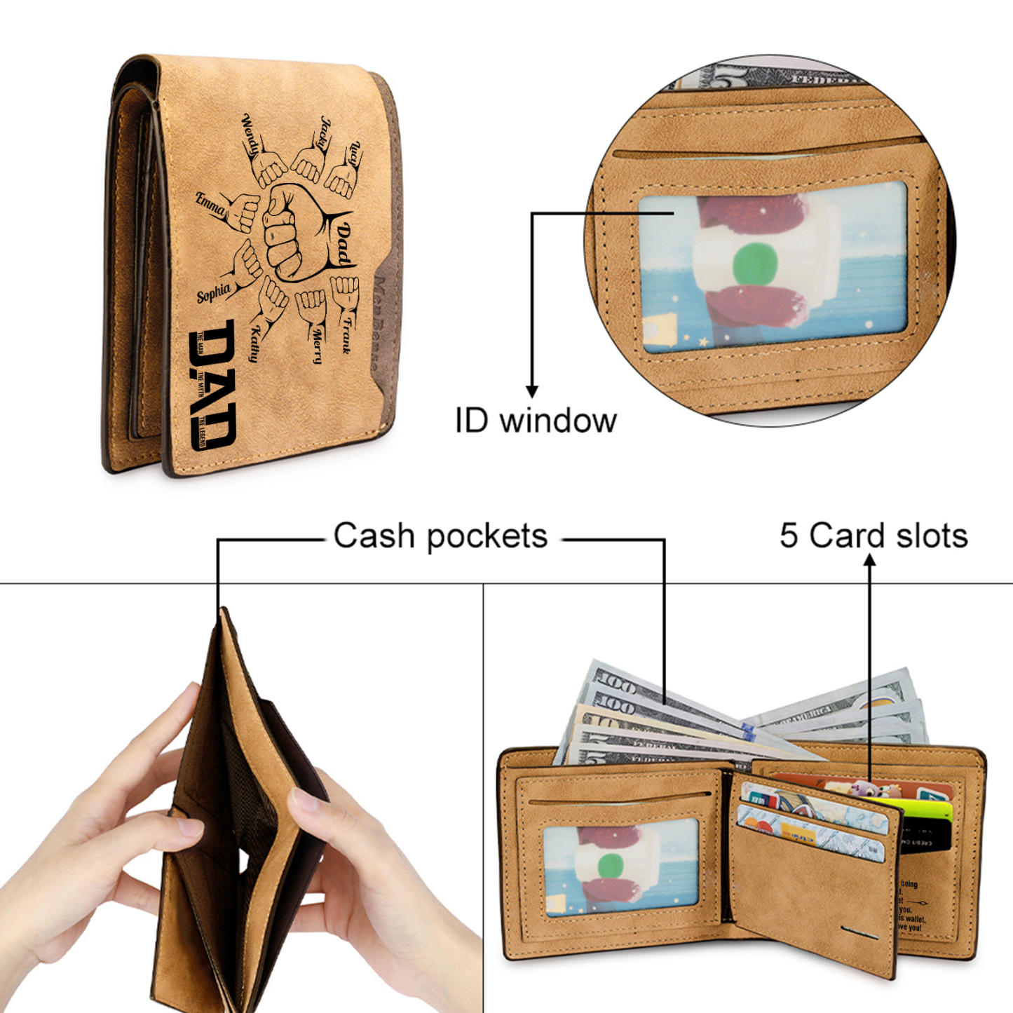 9 Names - Personalized Fist Bump Pattern Custom Name Leather Men's Wallet as a Father's Day Gift for Dad