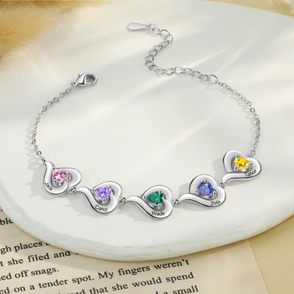 Personalized 1-5 Names Adjustable Heart Birthstone Bracelet | Jessemade