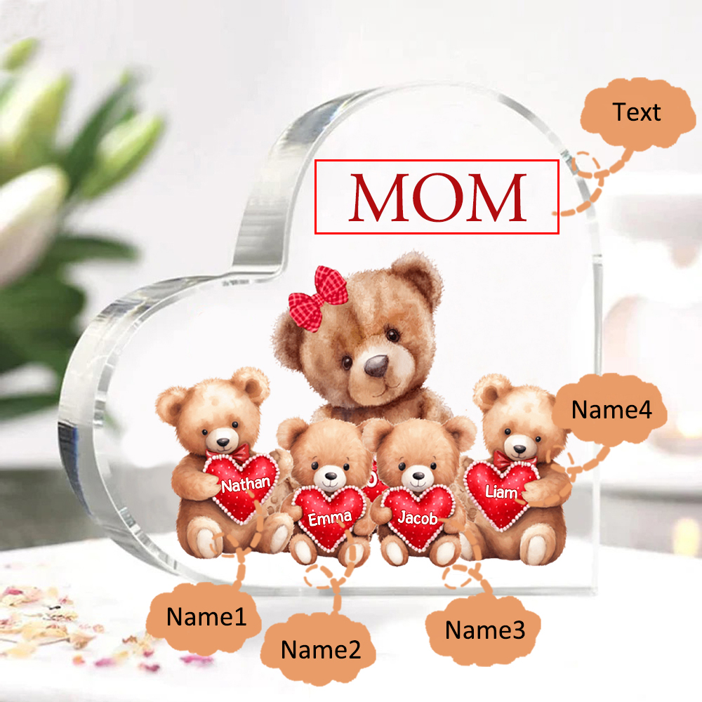 4 Names-Personalized Mom Acrylic Heart Keepsake Custom Text Love Teddy Bear Ornaments Gifts Set With Gift Box for Grandma/Mother
