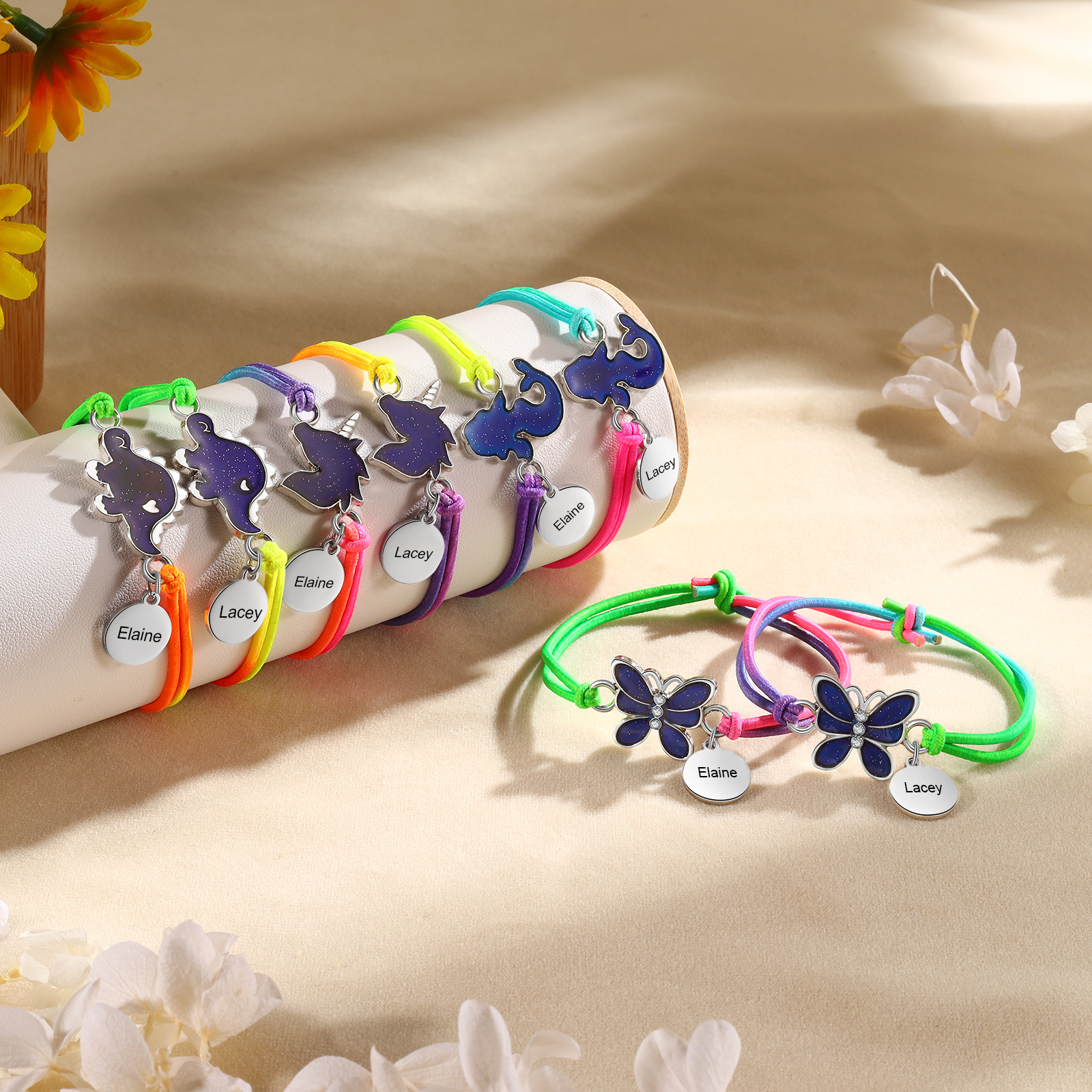 2 Pcs Personalized Name Color Changing Bracelets Cute Cartoon Animal Dinosaur Stretch Bracelet Set Back to School Gift for Girls